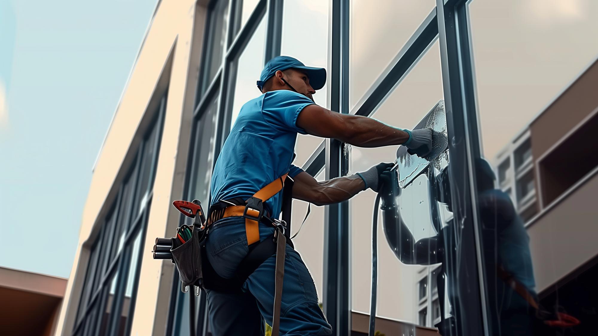 A person in a blue shirt and cap is cleaning a large glass window on a building, using a cloth and wearing gloves, with a tool belt around their waist.